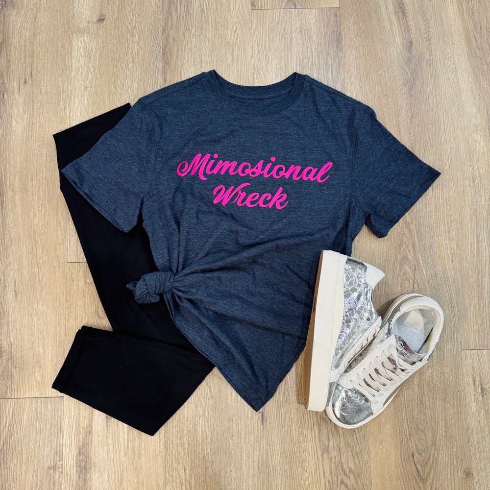 NEW Funny Tee Mimosional Wreck Graphic Unisex T-Shirt Navy Blue Pink Script‎ Tee